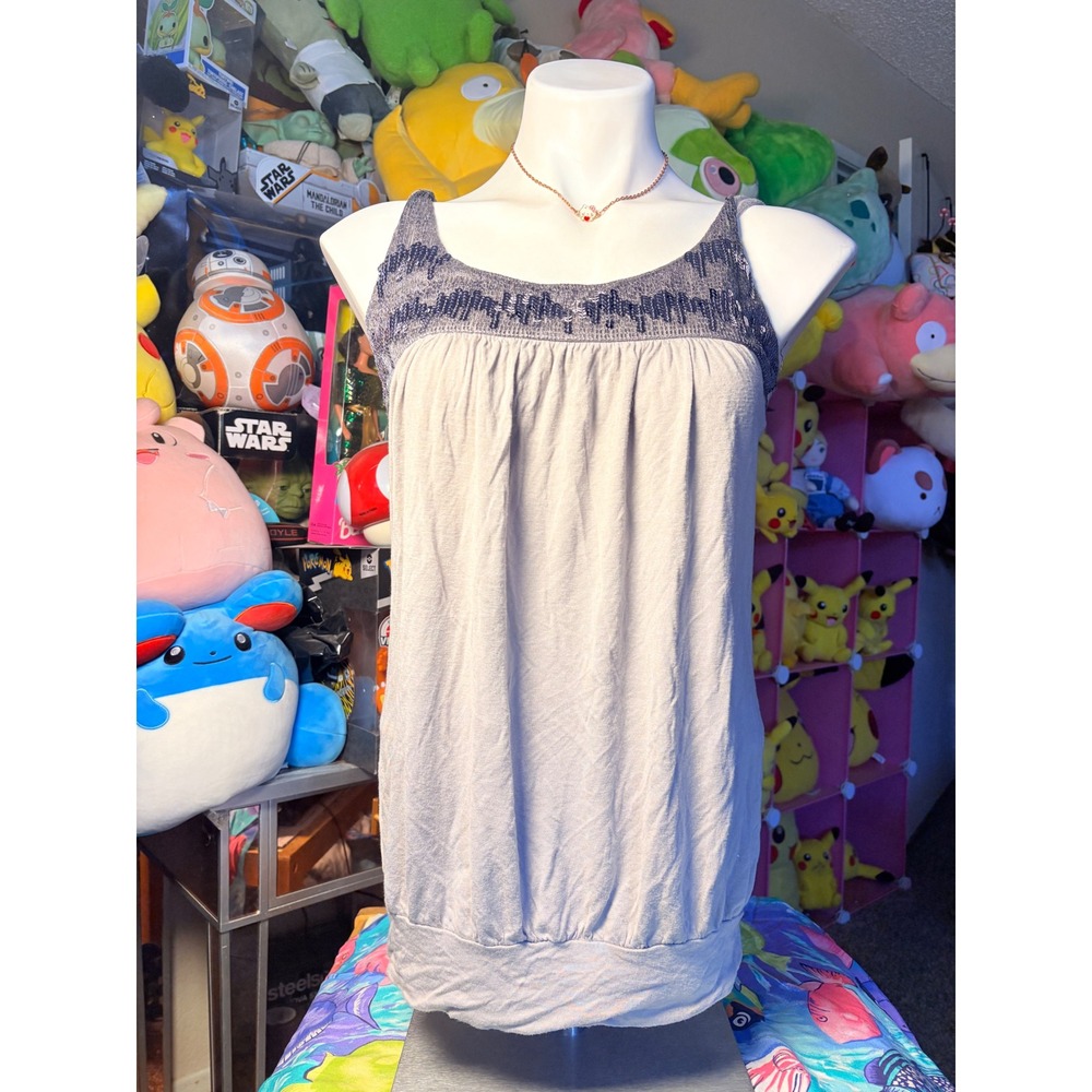 Y2K Charlotte Russe Womens Sequin Embellished Banded Hem Tank Top Grey Medium #5